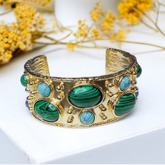 Luxury Chunky Gold Malachite Turquoise Glass Cabochon Cuff Bracelet - Picture 1 of 7